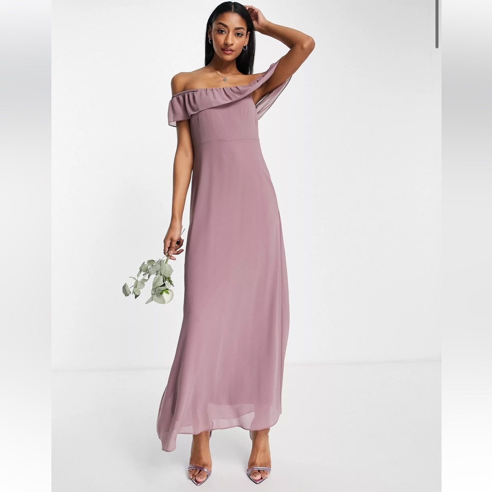 Asos off-shoulder maxi bridesmaid dress in purple